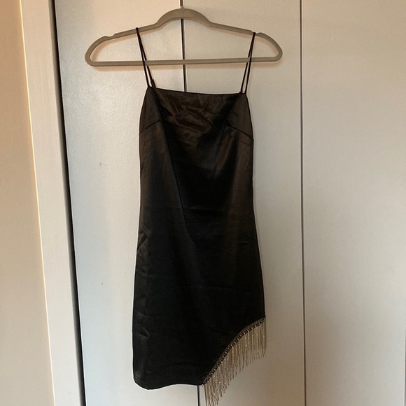 Strobe Lights Black Satin Rhinestone Fringe Mini Dress - Picture 3 of 6